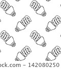 Black and white doodle pattern of energy-saving light bulb. Simple vector sketch for eco branding and wallpaper design 142080250