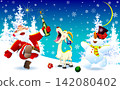 Happy Santa, a goat, and a snowman on Christmas Eve 142080402