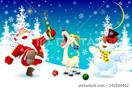 Happy Santa, a goat, and a snowman on Christmas Eve 142080402