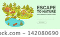 Cartoon Color Escape to Nature Relax Weekend in Peaceful Woods Concept Banner 3d Isometric View. Vector illustration 142080690