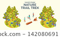 Cartoon Color Summer Rest and Joy Concept Nature Trail Trek with Separate Set 3d Isometric View. Vector illustration 142080691