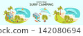Cartoon Color Summer Rest and Joy Concept Surf Camping Experience with Separate Set 3d Isometric View. Vector illustration 142080694