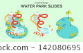 Cartoon Color Summer Rest and Joy Concept Water Park Slides with Separate Set 3d Isometric View. Vector illustration 142080695