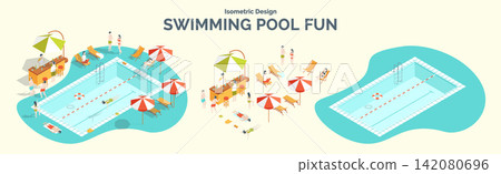Cartoon Color Summer Rest and Joy Concept Swimming Pool Fun with Separate Set 3d Isometric View. Vector illustration Cartoon Color Summer Rest and Joy Concept Swimming Pool Fun with Separate Set 3d Isometric View. Vector illustration 142080696