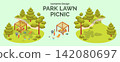 Cartoon Color Summer Rest and Joy Concept Park Lawn Picnic with Separate Set 3d Isometric View. Vector illustration 142080697