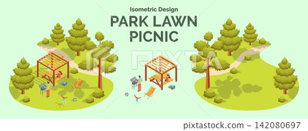 Cartoon Color Summer Rest and Joy Concept Park Lawn Picnic with Separate Set 3d Isometric View. Vector illustration Cartoon Color Summer Rest and Joy Concept Park Lawn Picnic with Separate Set 3d Isometric View. Vector illustration 142080697