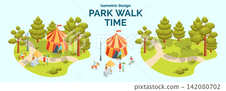 Cartoon Color Summer Rest and Joy Concept Park Walk Time with Separate Set 3d Isometric View. Vector illustration Cartoon Color Summer Rest and Joy Concept Park Walk Time with Separate Set 3d Isometric View. Vector illustration 142080702