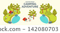 Cartoon Color Summer Rest and Joy Concept Camping Adventure with Separate Set 3d Isometric View. Vector illustration 142080703