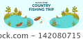 Cartoon Color Summer Rest and Joy Concept Country Fishing Trip with Separate Set 3d Isometric View. Vector illustration 142080715