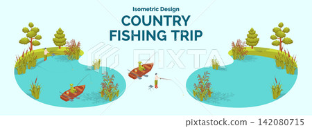 Cartoon Color Summer Rest and Joy Concept Country Fishing Trip with Separate Set 3d Isometric View. Vector illustration Cartoon Color Summer Rest and Joy Concept Country Fishing Trip with Separate Set 3d Isometric View. Vector illustration 142080715