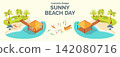 Cartoon Color Summer Rest and Joy Concept Sunny Beach Day with Separate Set 3d Isometric View. Vector illustration 142080716