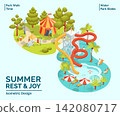 Cartoon Color Summer Rest and Joy Concept Park Walk Time and Water Park Slides 3d Isometric View. Vector illustration 142080717