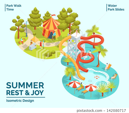 Cartoon Color Summer Rest and Joy Concept Park Walk Time and Water Park Slides 3d Isometric View. Vector illustration Cartoon Color Summer Rest and Joy Concept Park Walk Time and Water Park Slides 3d Isometric View. Vector illustration 142080717