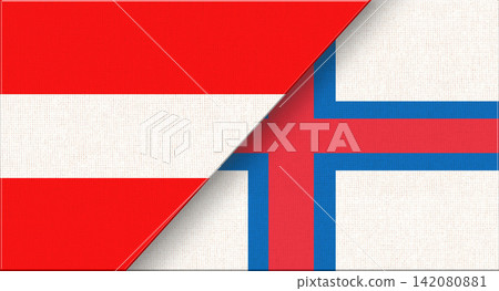 Double flag of Austria and Faroe Islands on fabric texture. 3D illustration Double flag of Austria and Faroe Islands on fabric texture. 3D illustration 142080881