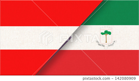 Double flag of Austria and Equatorial Guinea on fabric texture. 3D illustration Double flag of Austria and Equatorial Guinea on fabric texture. 3D illustration 142080909