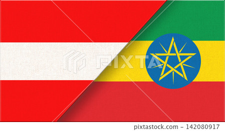 Double flag of Austria and Ethiopia on fabric texture. 3D illustration Double flag of Austria and Ethiopia on fabric texture. 3D illustration 142080917