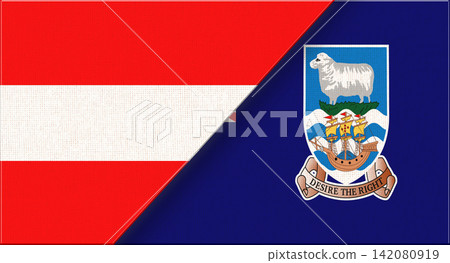 Double flag of Austria and Falkland Islands on fabric texture. 3D illustration Double flag of Austria and Falkland Islands on fabric texture. 3D illustration 142080919