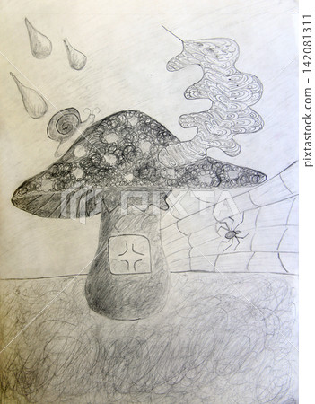 Childish black-and-white drawing made with pencil of snail on mushroom, rain Childish black-and-white drawing made with pencil of snail on mushroom, rain 142081311