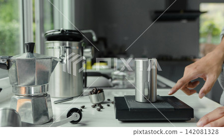 stainless grinder with powder coffee roasted for espresso coffee .home preparation drink stainless grinder with powder coffee roasted for espresso coffee .home preparation drink 142081328