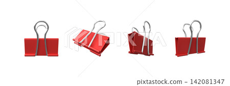 3D realistic red binder clip clasp vector icons set, binder fastener for attachment, paperclip stationery tool 142081347