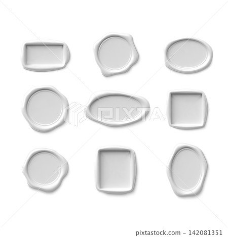 3D realistic white wax seal collection vector set, vintage stamp different shapes, envelope closure certificate approval 3D realistic white wax seal collection vector set, vintage stamp different shapes, envelope closure certificate approval 142081351