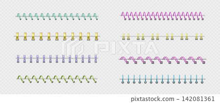 Metal spiral binders in various styles and different colors realistic vector, bound wire rings spring, binding coils Metal spiral binders in various styles and different colors realistic vector, bound wire rings spring, binding coils 142081361