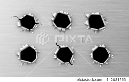 Bullet ragged holes in metal surface realistic vector illustration, gunshot damages, missile weapon shot background Bullet ragged holes in metal surface realistic vector illustration, gunshot damages, missile weapon shot background 142081363