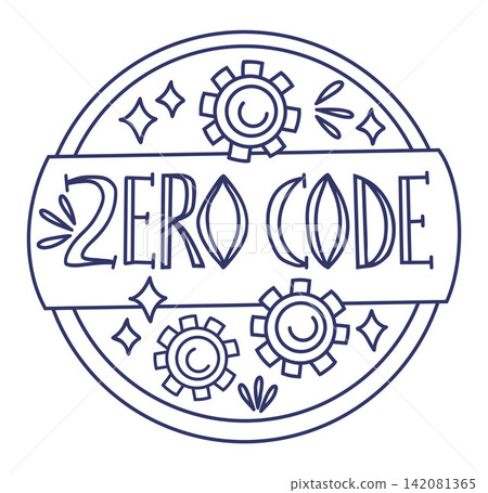Zero Code Hand Drawn Lettering Doodle Badge With Gear Symbols And Sparkles, No Code Development, Software Automation, Digital Workflow, Technology And Programming. Outline Illustration Illustration. 142081365