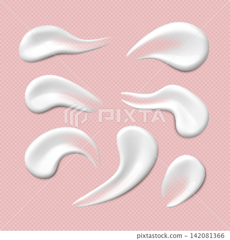 A set of white cosmetic cream smears of various shapes on a transparent pink background. A set of white cosmetic cream smears of various shapes on a transparent pink background. 142081366