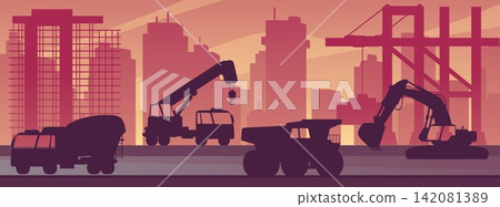 Lifting crane truck and excavator crawler on urban construction with buildings, vector flat industrial heavy machinery 142081389