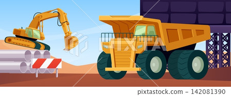 Dump truck and excavator crawler on construction, vector cartoon industrial heavy machinery, building vehicle service Dump truck and excavator crawler on construction, vector cartoon industrial heavy machinery, building vehicle service 142081390