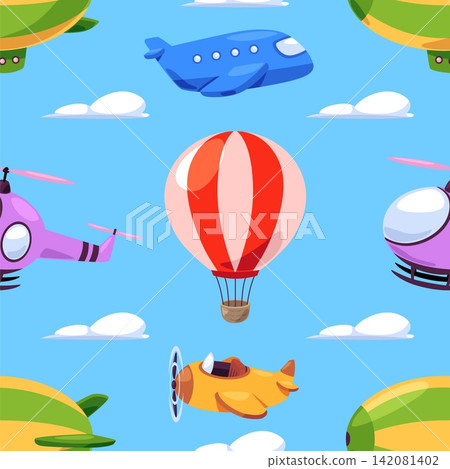 Airplane cartoon illustration background with helicopter and balloon Airplane cartoon illustration background with helicopter and balloon 142081402