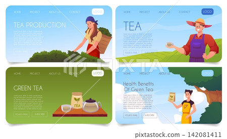 Green tea landing page promotion vector designs set, teapot and cup with drink, herbal leaves package, tea production Green tea landing page promotion vector designs set, teapot and cup with drink, herbal leaves package, tea production 142081411