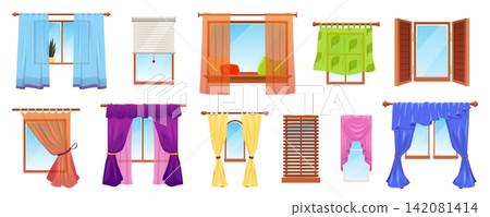 Window with curtains or blinds, draperies tulle on cornice and shutters, interior design element vector flat set Window with curtains or blinds, draperies tulle on cornice and shutters, interior design element vector flat set 142081414