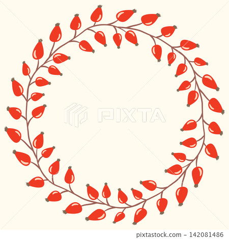 Rose hip branch vector circle wreath, Autumn botanical frame for fall greeting cards, rosehip tea packaging and product design Rose hip branch vector circle wreath, Autumn botanical frame for fall greeting cards, rosehip tea packaging and product design 142081486