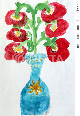 Children's drawing with bouquet of poppy flowers in vase Children's drawing with bouquet of poppy flowers in vase 142081668