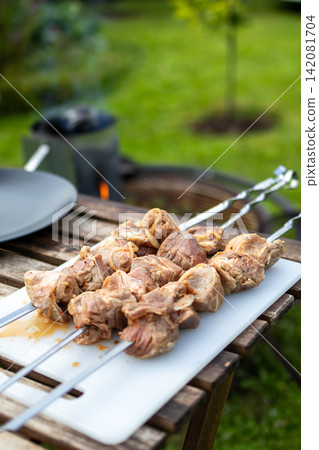 Marinated Meat Skewers Ready for Grilling on Garden Picnic Table Marinated Meat Skewers Ready for Grilling on Garden Picnic Table 142081704