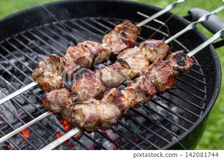 Marinated Meat Skewers Grilling on Charcoal Barbecue in Garden Marinated Meat Skewers Grilling on Charcoal Barbecue in Garden 142081744