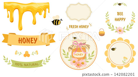 Collection of cute honey and bee design elements featuring honey drips, honey jars, bees, honeycomb, floral decorations, ribbons and decorative frames on a white background Collection of cute honey and bee design elements featuring honey drips, honey jars, bees, honeycomb, floral decorations, ribbons and decorative frames on a white background 142082201