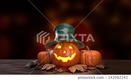 Glowing Halloween Jack O Lantern in Green Top Hat 3d render. Glowing Halloween Jack O Lantern in Green Top Hat 3d render. 142082241