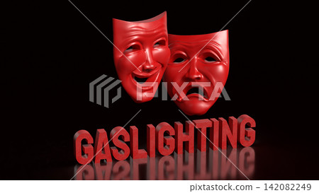 Red Theater Masks Symbolizing Gaslighting and Emotional Manipulation 3d render. Red Theater Masks Symbolizing Gaslighting and Emotional Manipulation 3d render. 142082249