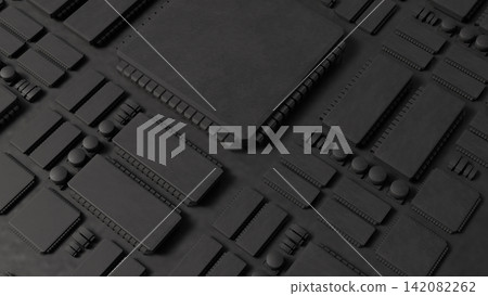 Dark Futuristic Computer Circuit Board with Microprocessor Chips 3d render. Dark Futuristic Computer Circuit Board with Microprocessor Chips 3d render. 142082262