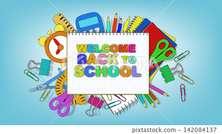 School supplies surrounding grid paper notebook School supplies surrounding grid paper notebook 142084137