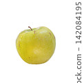 Single crisp green apple with stem isolated on white background 142084195
