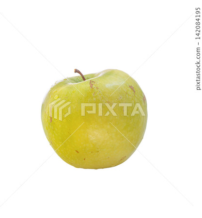 Single crisp green apple with stem isolated on white background Single crisp green apple with stem isolated on white background 142084195