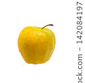 Whole ripe yellow apple with stem isolated on white background 142084197