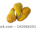 Group of three textured yellow green pears isolated on white 142084201