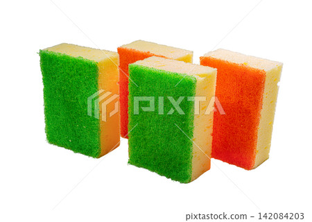 Set of green and orange dishwashing sponges on white background Set of green and orange dishwashing sponges on white background 142084203