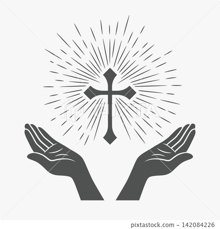 Black and White Open Hands Silhouette with Cross and Rays, Vector Illustration. Symbol of Faith and Prayer. Design Template for Church Logo. Prayer, Religion Concept. Monochrome Cut Out Icon 142084226