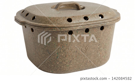Brown mottled composter bin with ventilated lid and handles isolated a textured brown organic waste composter container with ventilation holes composter container ventilation environment Brown mottled composter bin with ventilated lid and handles isolated a textured brown organic waste composter container with ventilation holes composter container ventilation environment 142084582